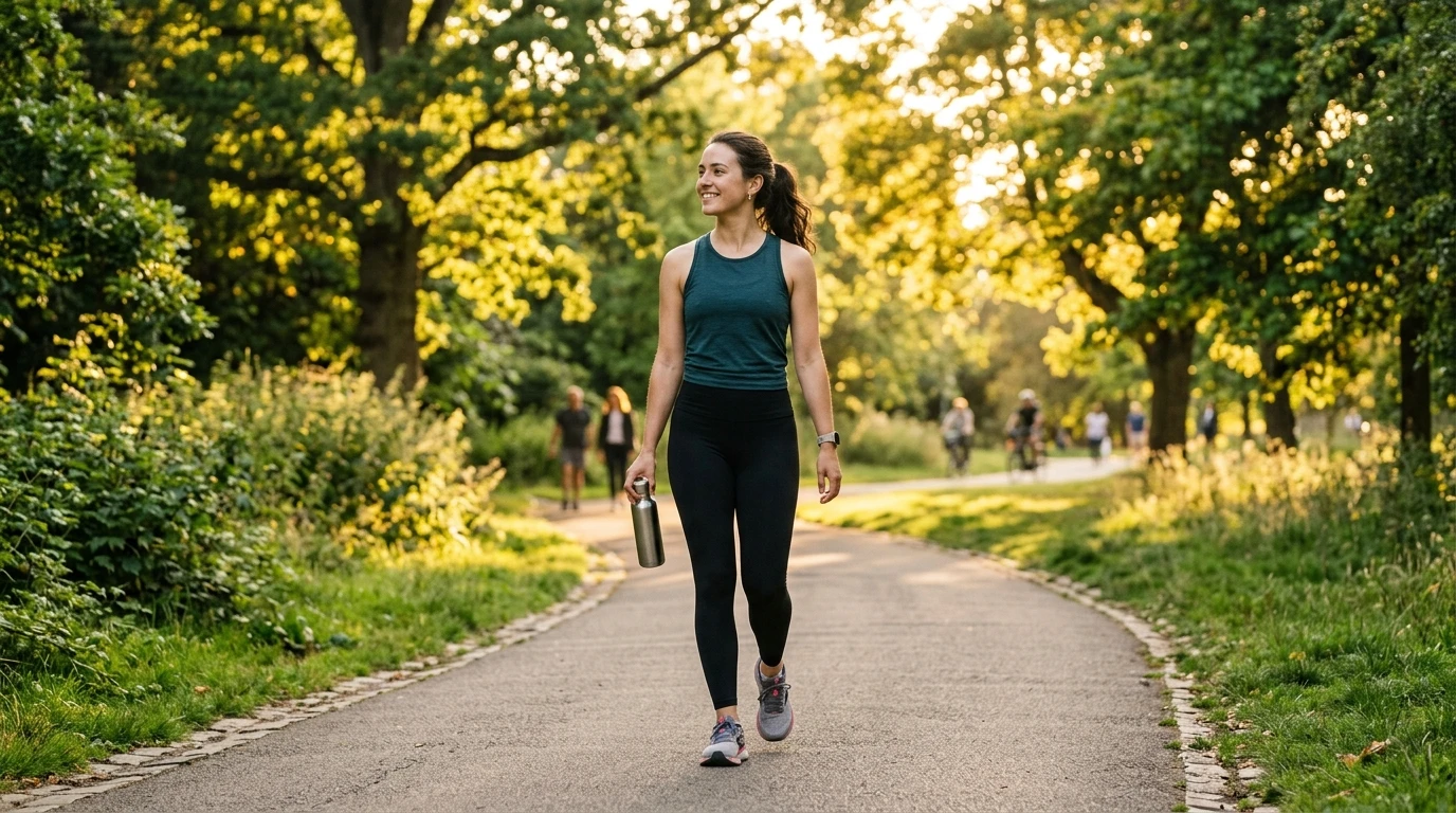 Mujer relajada disfrutando de una caminata tranquila al aire libre para recuperar bienestar.