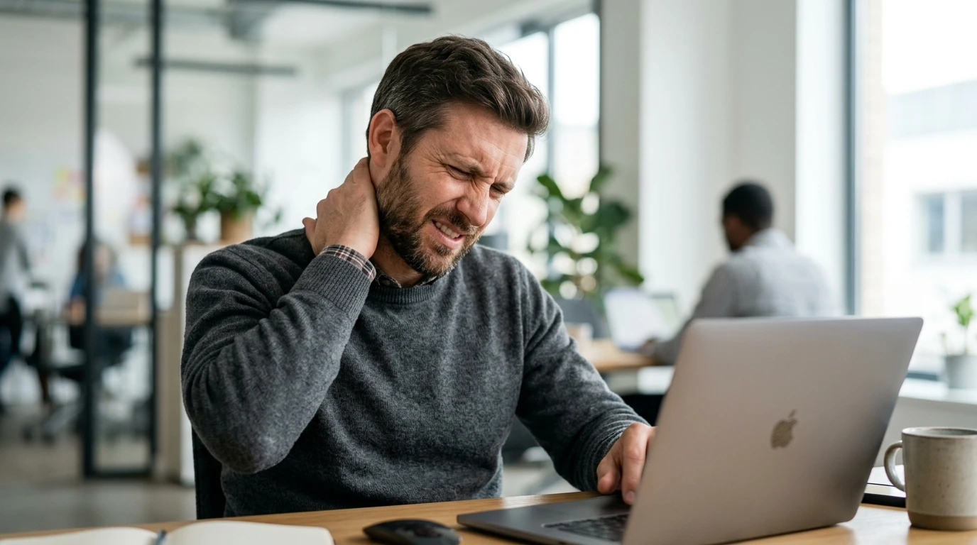Hombre cansado frotándose los ojos y el puente nasal haciendo una pausa en su mesa de trabajo